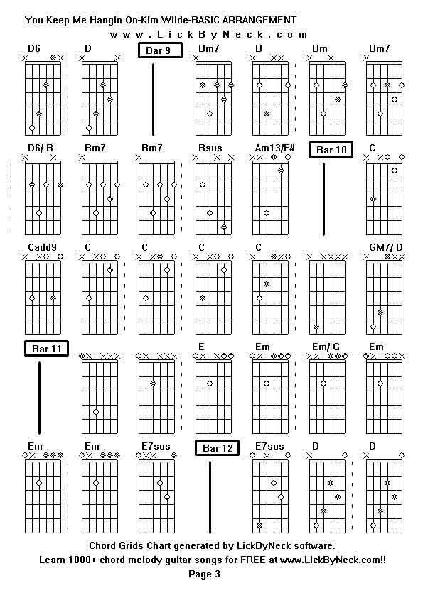 Chord Grids Chart of chord melody fingerstyle guitar song-You Keep Me Hangin On-Kim Wilde-BASIC ARRANGEMENT,generated by LickByNeck software.